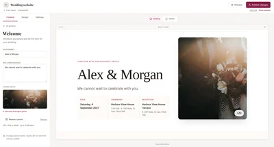 Wedlock’s section editor and live wedding website preview